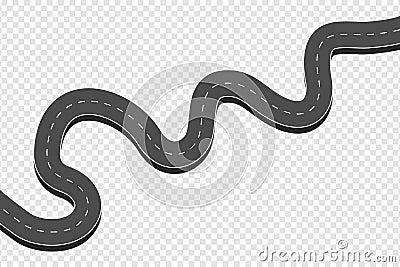 Winding curved asphalt road. Highway with markings in top view at transparent background. Road direction, map way location info Vector Illustration